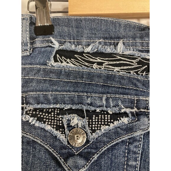 Y2K Red Rivet Bootcut Jeans Women’s Sz 9 Medium Wash Low Rise Bling Embellished - Picture 7 of 8